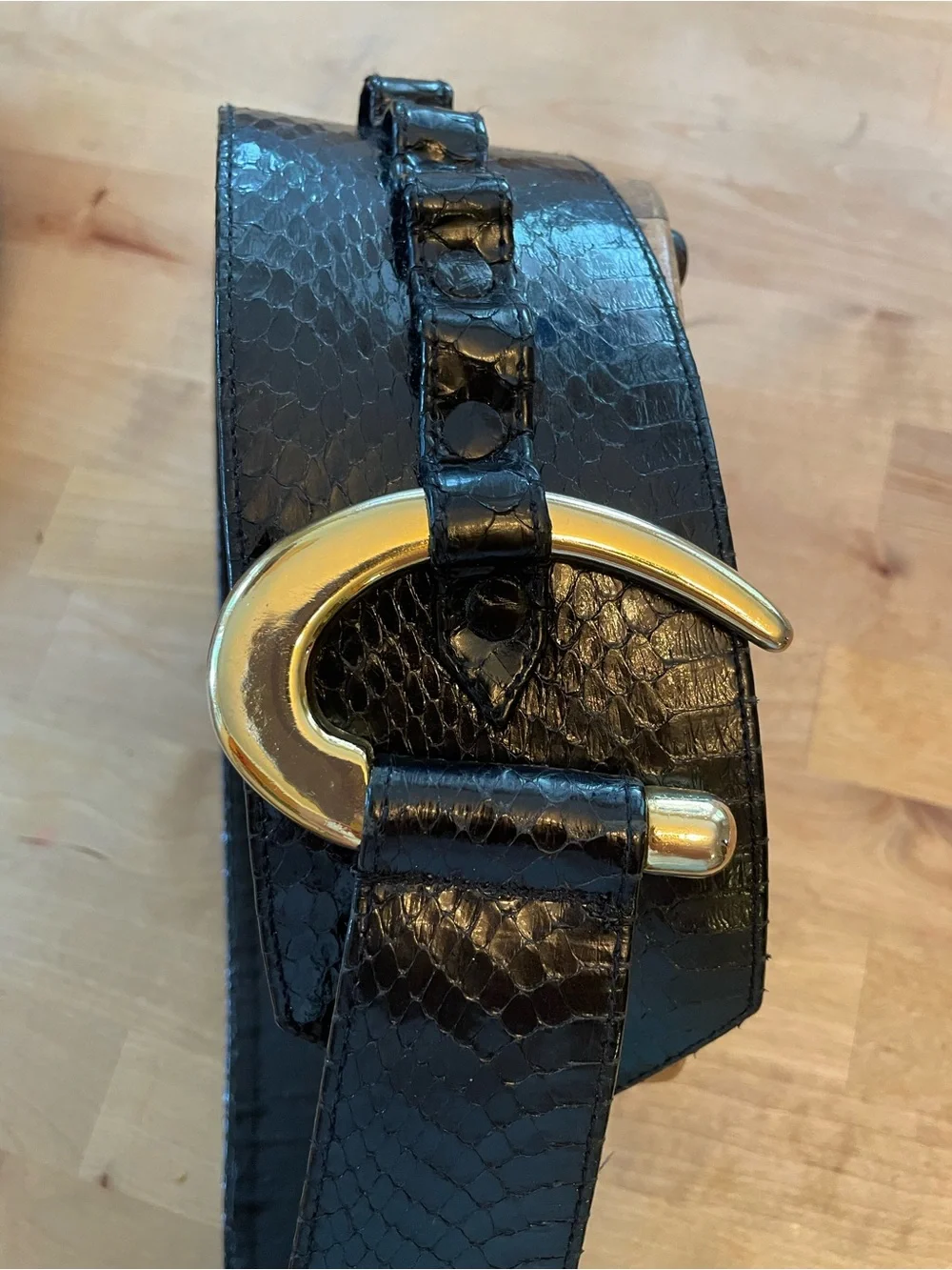 Black Snake Skin Leather Statement Belt with Gold Buckle